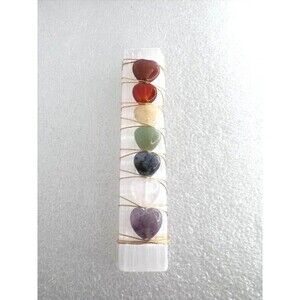 Chakra Selenite Stick with 7 mini gemstone hearts